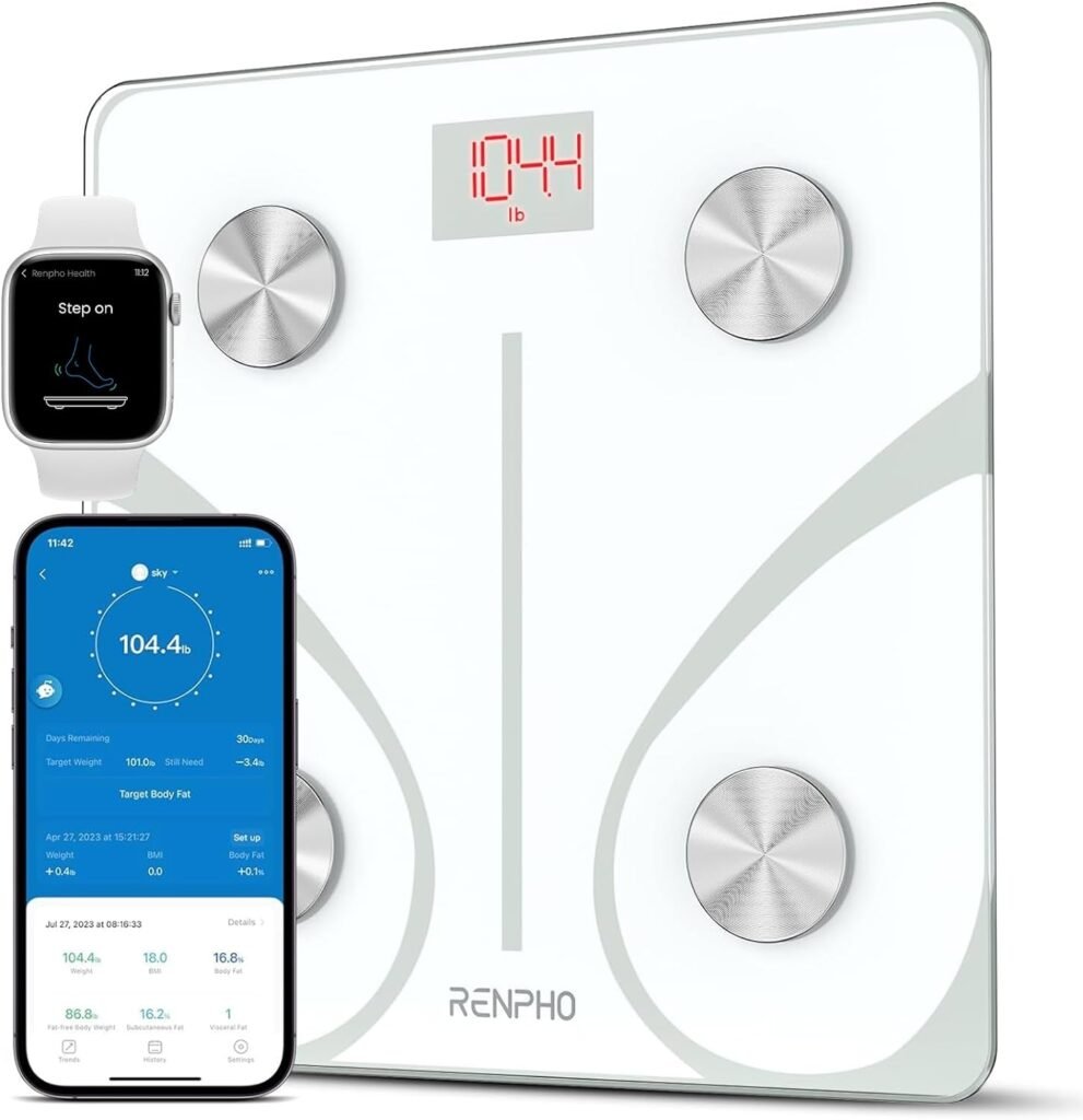 RENPHO Smart Scale for Body Weight, FSA HSA Eligible, Digital Bathroom Scale BMI Weighing Bluetooth Body Fat Scale, Body Composition Monitor Health Analyzer with Smartphone App, 400 lbs -White Elis 1