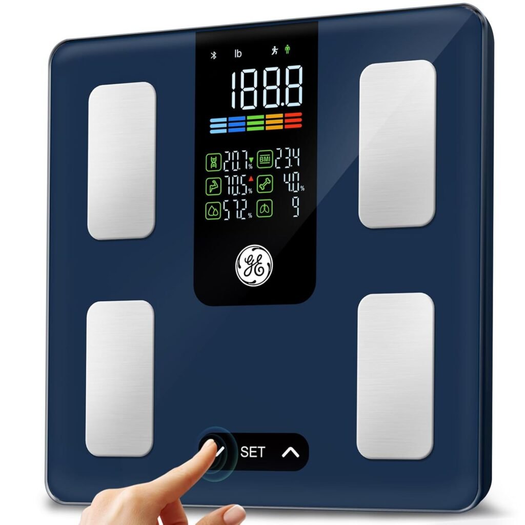 GE Scale for Body Weight Smart: Digital Bathroom Body Fat Scales for BMI Muscle Bluetooth Body Composition Monitor 11.8 Large Platform Accurate Weighing Machine Health Analyzer with App 500lbs