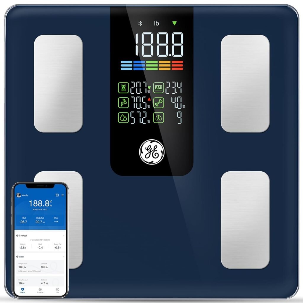 GE Scale for Body Weight Smart: Digital Bathroom Body Fat Scales for BMI Muscle Bluetooth Body Composition Monitor 11.8 Large Platform Accurate Weighing Machine Health Analyzer with App 500lbs