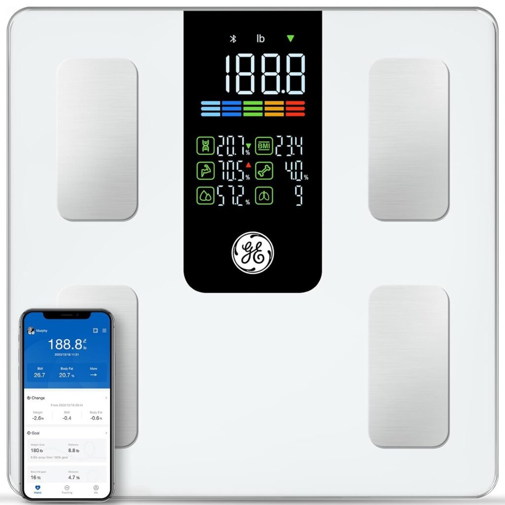 GE Scale for Body Weight Smart: Digital Bathroom Body Fat Scales for BMI Muscle Bluetooth Body Composition Monitor 11.8 Large Platform Accurate Weighing Machine Health Analyzer with App 500lbs