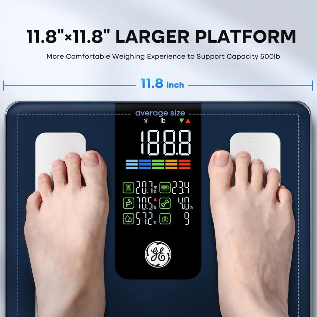 GE Scale for Body Weight Smart: Digital Bathroom Body Fat Scales for BMI Muscle Bluetooth Body Composition Monitor 11.8 Large Platform Accurate Weighing Machine Health Analyzer with App 500lbs