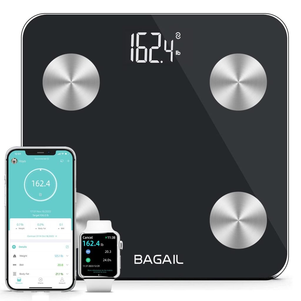 BAGAIL Smart Scale for Body Weight, Digital Bathroom Scale for BMI Weighing Body Fat, Body Composition Monitor Health Analyzer with Smartphone App, 400lbs/180KG -Black