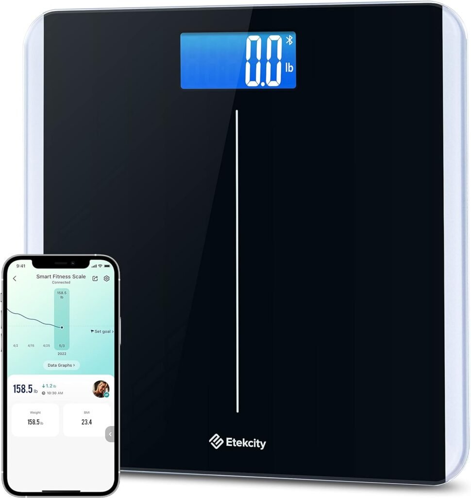 Etekcity Smart Scale for Body Weight and BMI, Bathroom Digital Electronic Weighing Scale for People, Bluetooth Free VeSync APP Connection, Rounded Corner, Accurate to 0.1lb/0.05kg, 400 lbs, Black