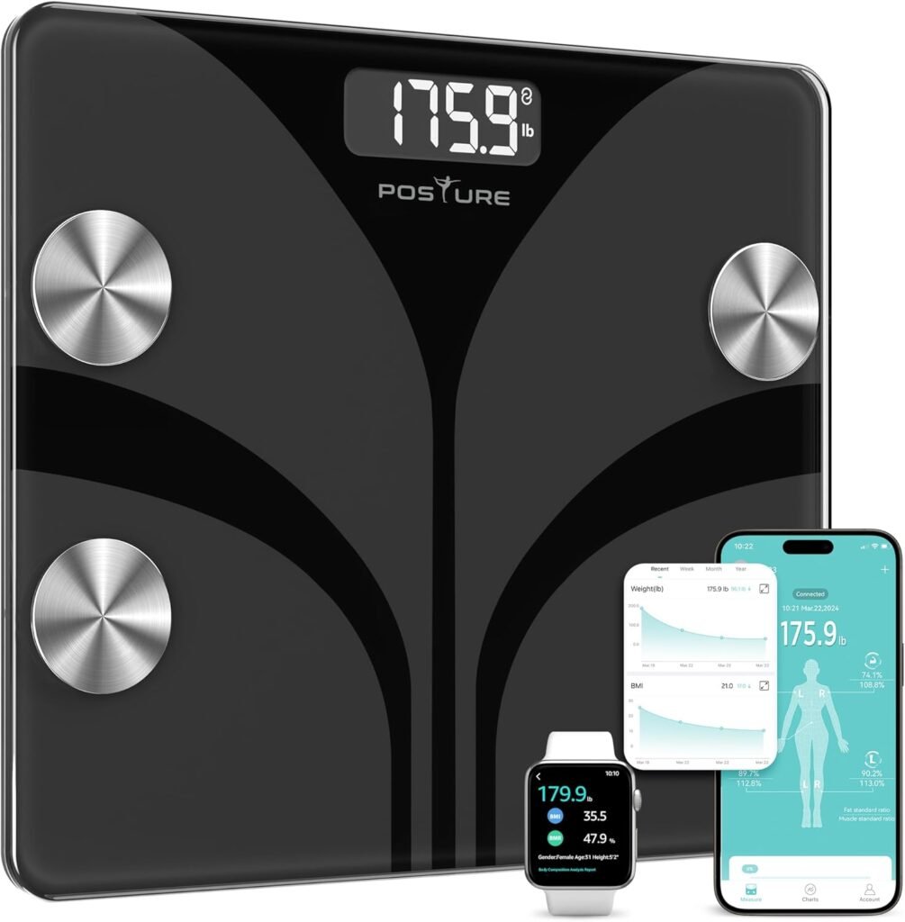 Posture Scale for Body Weight, Digital Bathroom Smart Scale LCD Display, 13 Body Composition Analyzer Sync Weight Scale BMl Health Monitor Sync Apps 400lbs - Black