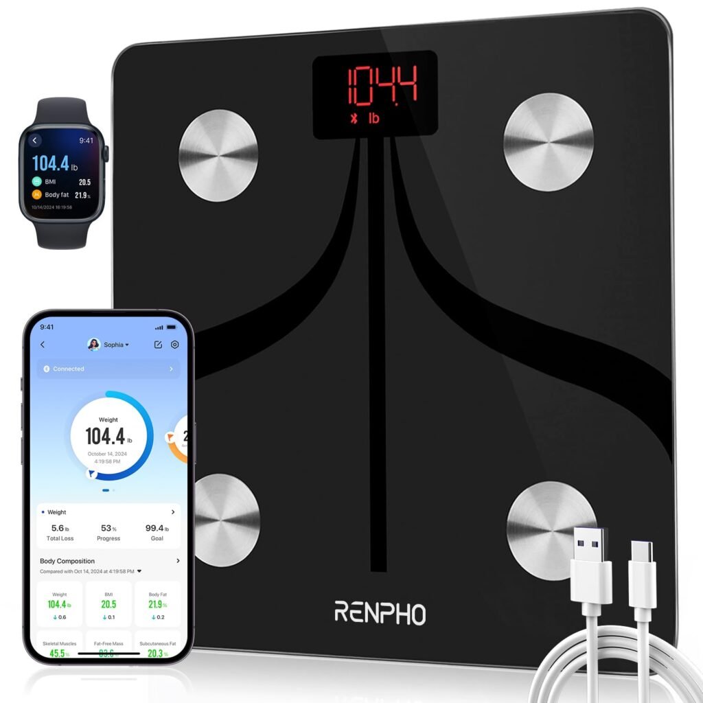 RENPHO Smart Scale for Body Weight, USB-C Rechargeable Digital Bathroom Scale, Electronic 13 Body Composition Monitor with Smartphone App, 396 lbs, Black, Elis 1 (11 inch)