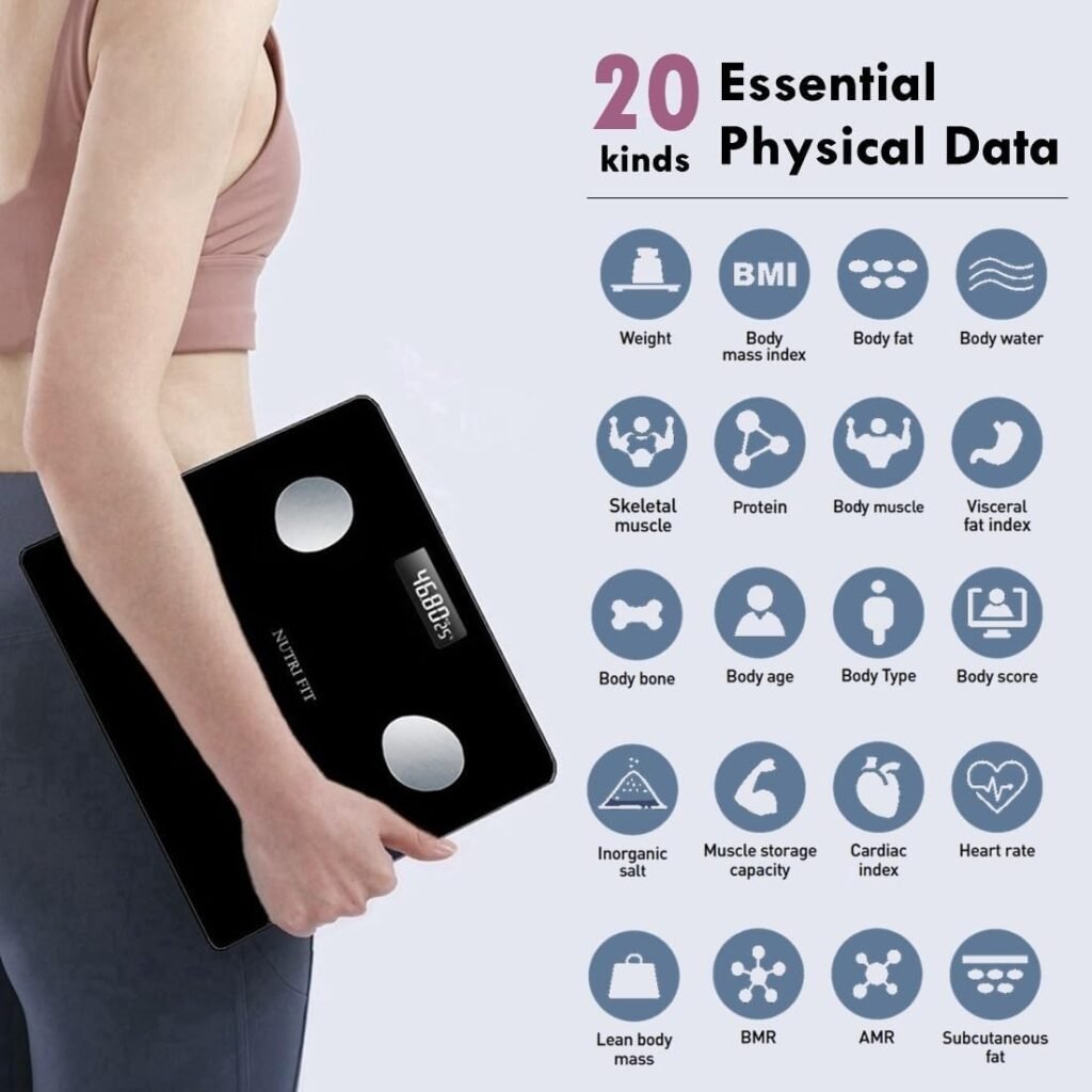 NUTRI FIT Bathroom Weighing Scale for Body Weight and Fat, Digital Smart Scale with Bluetooth, Body Composition Watchers with APP for BMI, Muscle, Weight Loss, Max 150kg/330lb