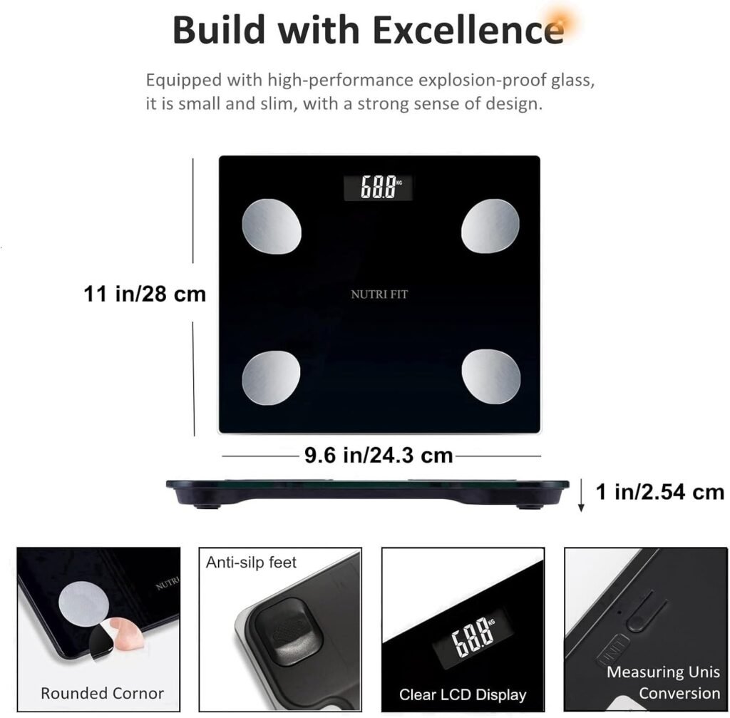 NUTRI FIT Bathroom Weighing Scale for Body Weight and Fat, Digital Smart Scale with Bluetooth, Body Composition Watchers with APP for BMI, Muscle, Weight Loss, Max 150kg/330lb