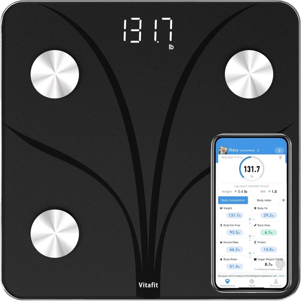 Vitafit Smart Bathroom Scale Body Weight, High Accuracy Assured by Weight Scale Professional Factory Since 2001, App Sync 13 Body Composition Including BMI, Body Fat and Muscle, 400lb, LED, Black