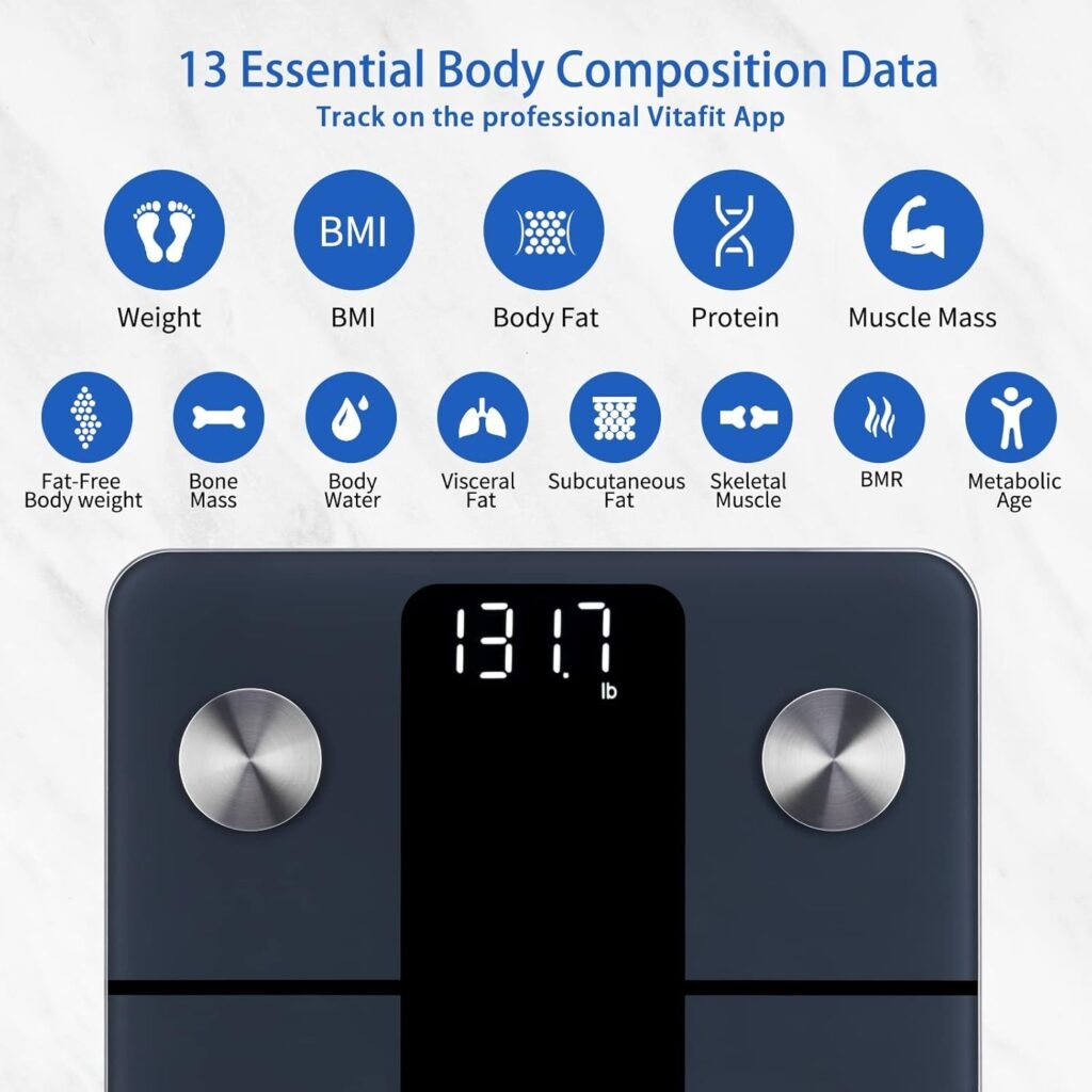 Vitafit Smart Bathroom Scale Body Weight, High Accuracy Assured by Weight Scale Professional Factory Since 2001, App Sync 13 Body Composition Including BMI, Body Fat and Muscle, 400lb, LED, Silver