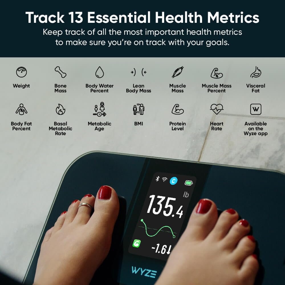 Wyze Smart Scale, Scale for Body Weight, Digital Bathroom Scale for Body Fat, BMI, and Heart Rate, Body Composition Analyzer with App, Batteries Included, Bluetooth, 400 lb, Black-New