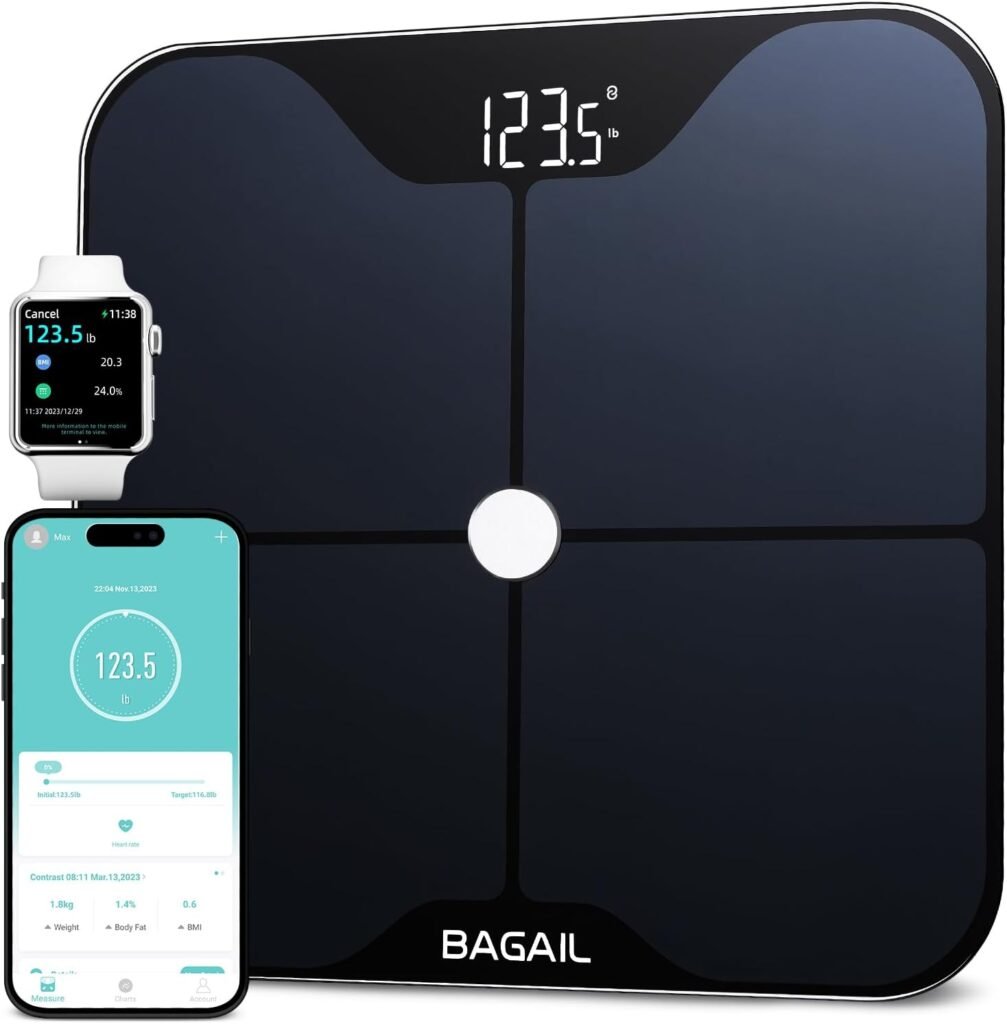 BAGAIL BASICS Smart Scale for Body Weight, Digital Bathroom Scale with ITO Coating, Accurate Body Fat BMI Scale with Bluetooth, Full Body Composition Analysis, Health Monitor for Weight Loss, 400lb BAGAIL BASICS Smart Scale for Body Weight, Digital Bathroom Scale with ITO Coating, Accurate Body Fat BMI Scale with Bluetooth, Full Body Composition Analysis, Health Monitor for Weight Loss, 400lb