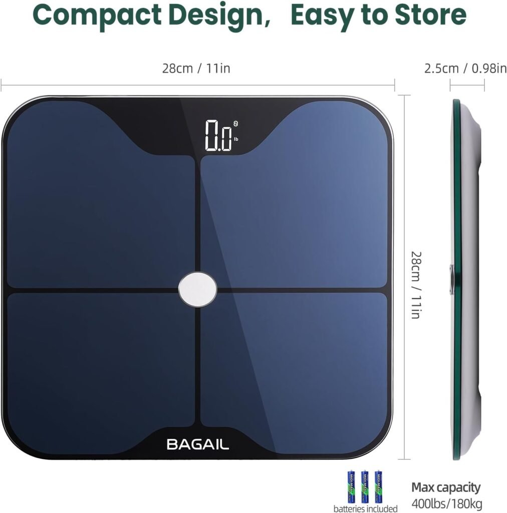 BAGAIL BASICS Smart Scale for Body Weight, Digital Bathroom Scale with ITO Coating, Accurate Body Fat BMI Scale with Bluetooth, Full Body Composition Analysis, Health Monitor for Weight Loss, 400lb BAGAIL BASICS Smart Scale for Body Weight, Digital Bathroom Scale with ITO Coating, Accurate Body Fat BMI Scale with Bluetooth, Full Body Composition Analysis, Health Monitor for Weight Loss, 400lb