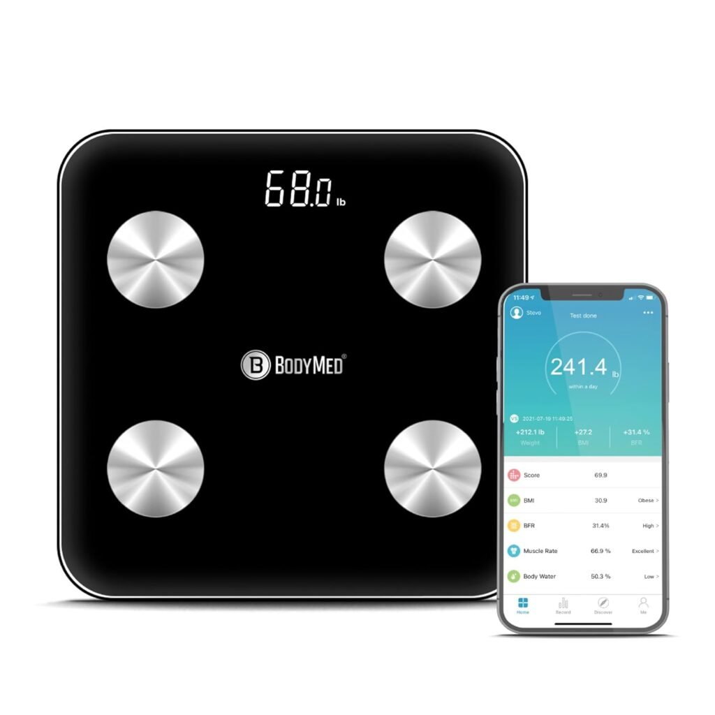 BodyMed Bluetooth Body Fat Smart Scale &ndash; Syncs with Smartphone App AIFIT &ndash; 440lb. (200kg) Weight Capacity, Black