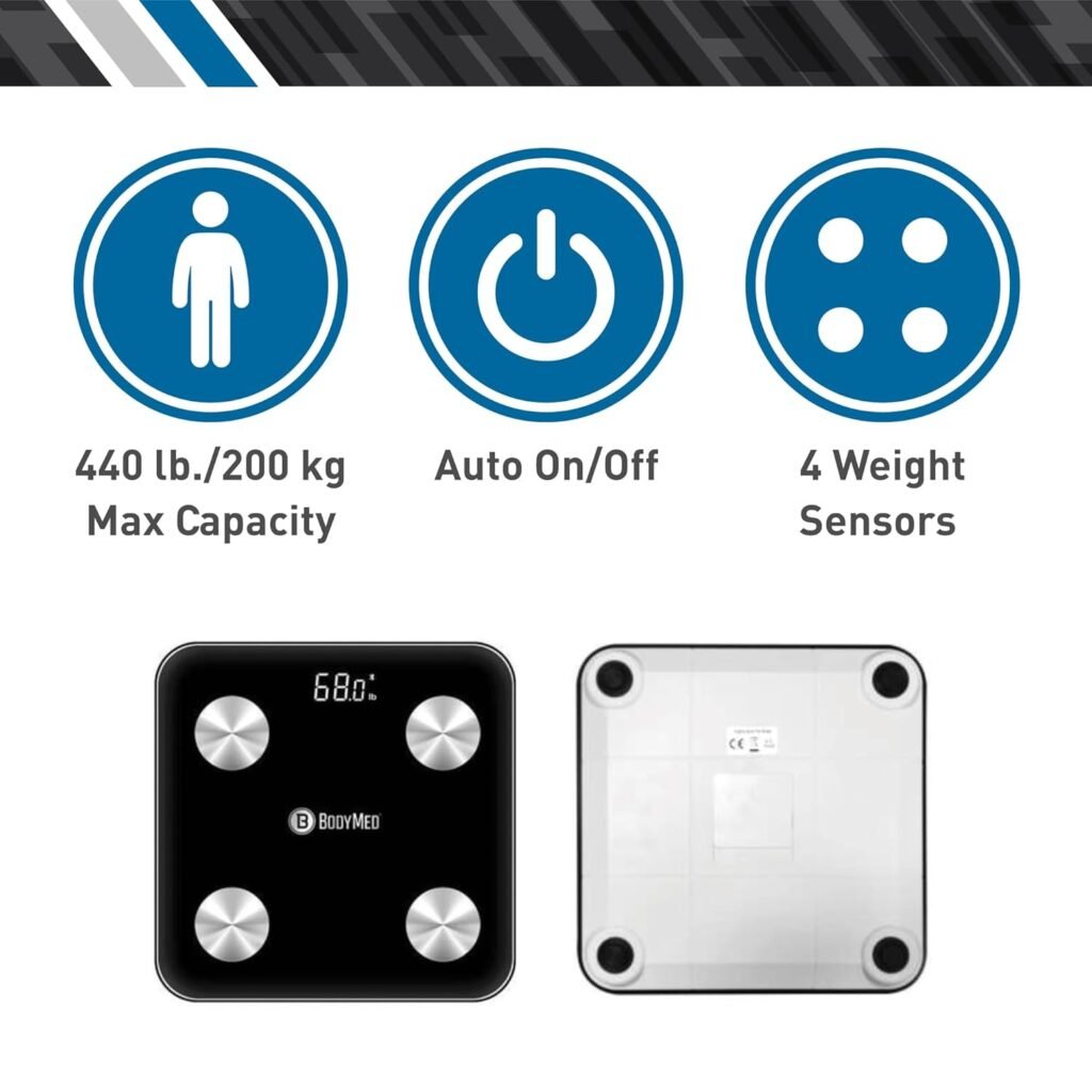 BodyMed Bluetooth Body Fat Smart Scale &ndash; Syncs with Smartphone App AIFIT &ndash; 440lb. (200kg) Weight Capacity, Black