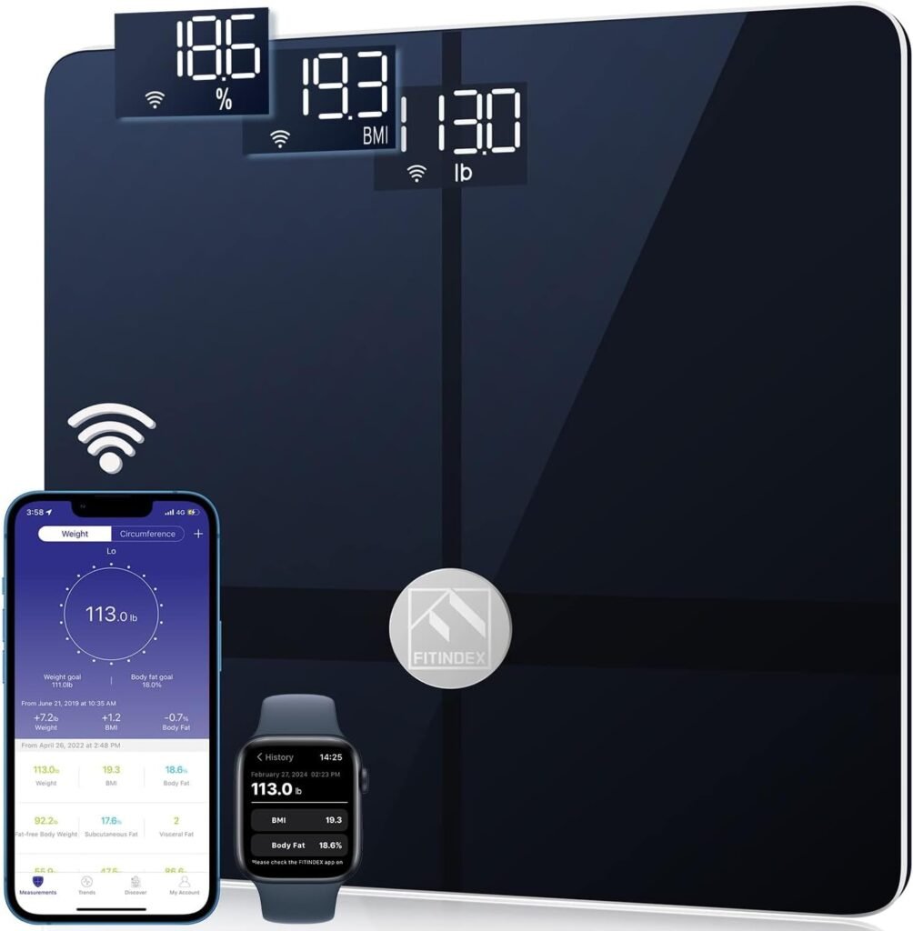 FITINDEX Wi-Fi Scale for Body Weight, Smart Scale with BMI, Body Fat, Muscle Mass, Digital, Bluetooth, Bathroom,13 Body Composition Analysis Health Monitor